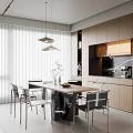 Modern Restaurant Open Kitchen And Dining Space With Wooden Cabinets Sleek Table And Pendant Lights