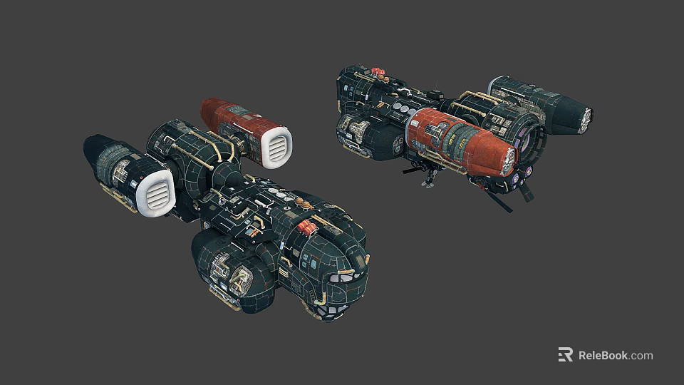 Sci Fi Mechanical Spaceship Design With Two Vessels Red Black Engine Details 3d model 