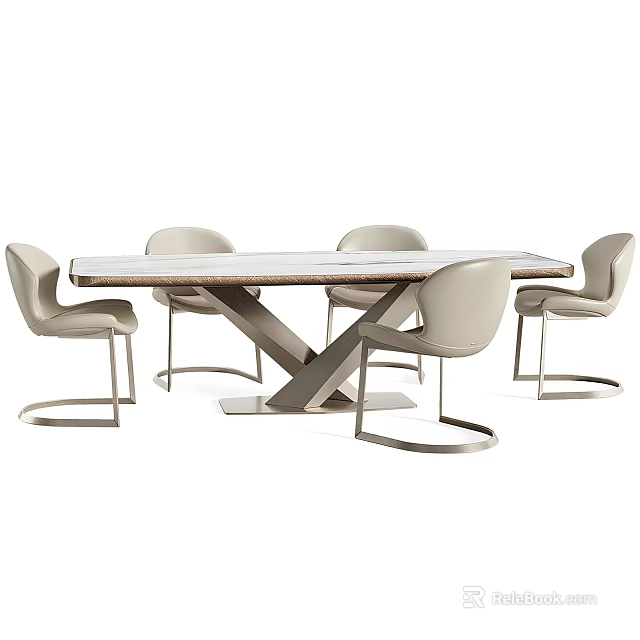 Modern Dining Table Set With X Shaped Base And Beige Upholstered Metal Leg Chairs 3d model 