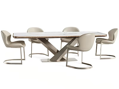 Modern Dining Table Set With X Shaped Base And Beige Upholstered Metal Leg Chairs 3d model