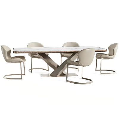 Modern Dining Table Set With X Shaped Base And Beige Upholstered Metal Leg Chairs 3d model