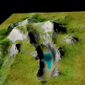 Natural Garden Landscape Design With Green Grass Hills Rocks And Blue Water