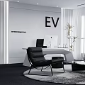 Modern Office Interior Featuring EV Logo Sofa Armchair Large Windows Arc Floor Lamp Round Rug