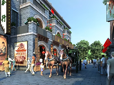 Historic Commercial Street With Traditional Architecture Red Flags Horse Drawn Carriage And Pedestrians 3d model