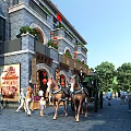 Historic Commercial Street With Traditional Architecture Red Flags Horse Drawn Carriage And Pedestrians