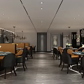 Modern Restaurant Interior Design With Dining Tables Black Chairs Pendant Lights And Bookshelf Backdrop