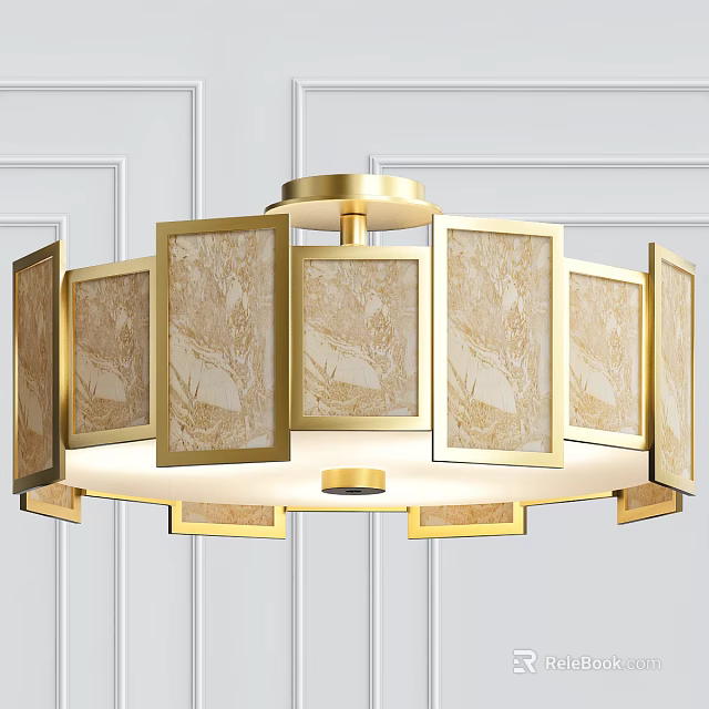 Elegant Modern Ceiling Light With Brass Frame And Marble Pattern Panels 3d model