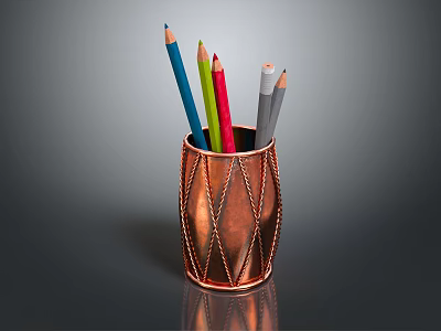 Copper Pen Holder With Colored Pencils On Dark Reflective Surface 3d model