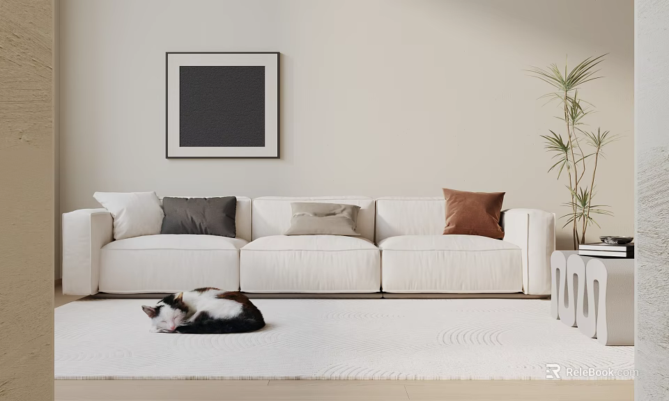 White Three Seater Sofa with Cushions on Rug and Sleeping Cat 3d model