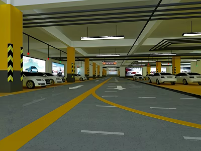 Modern Parking Lot With Yellow Pillars Black Yellow Stripes White Cars Lane Lines And Arrows 3d model