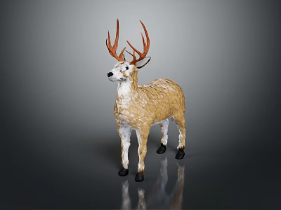 Deer Sculpture With Red Antlers Brown Yellow White Belly Black Hooves Gray Background Reflective Ground 3d model
