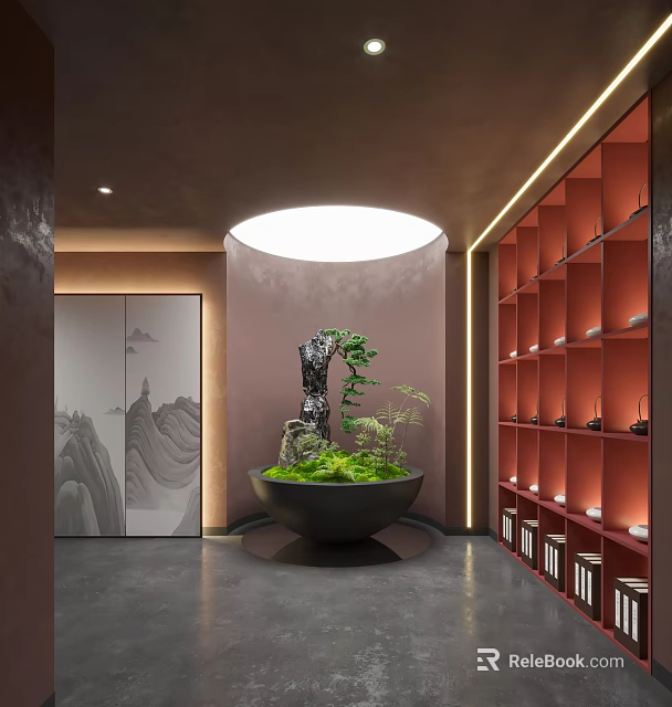 Elevator Hallway Modern Design With Round Ceiling Light Green Plant And Red Display Shelves 3d model 