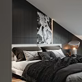 Modern Bedroom Interior With Sloped Ceiling Skylight Large Bed Nightstands And Decorative Painting