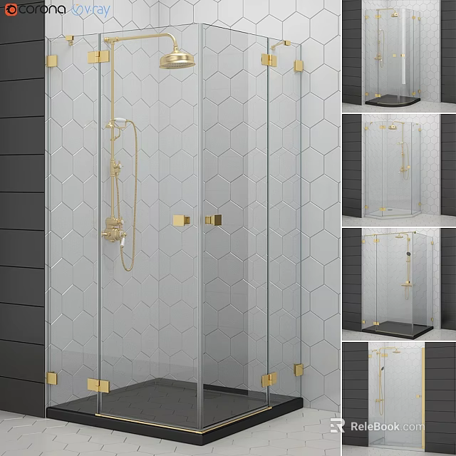 Modern Shower Sauna Interior With Glass Enclosure Hexagonal Tiles Gold Fixtures And Black Accents 3d model 