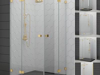 Modern Shower Sauna Interior With Glass Enclosure Hexagonal Tiles Gold Fixtures And Black Accents 3d model