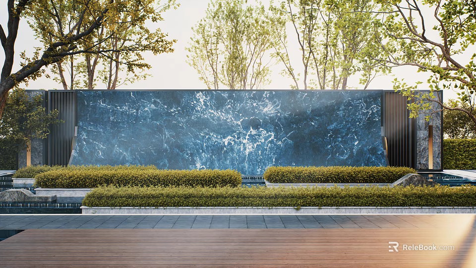 Blue Marble Feature Wall Design With Green Shrubs And Trees In Garden 3d model 