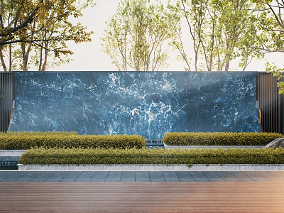 Blue Marble Feature Wall Design With Green Shrubs And Trees In Garden 3d model