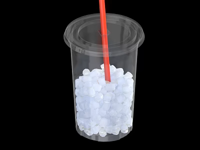 Refreshing Beverage in Transparent Plastic Cup with Ice Cubes and Red Straw 3d model