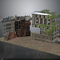 Urban Damaged Building Structures With Platform Trees And Brick Paved Ground