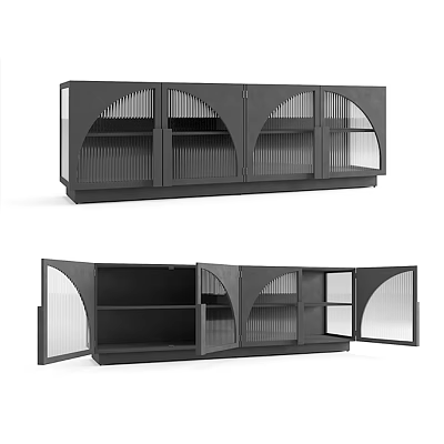 Black Arched TV Cabinet With Glass Doors Open And Internal Shelves 3d model
