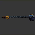 Ornate Fantasy Weapon With Blue Blade Colorful Handle Golden Accents Chain And Decorative Pendant