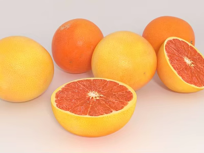 Fresh Ripe Grapefruit Whole And Sliced Citrus Fruit With Red Flesh And Yellow Peel 3d model