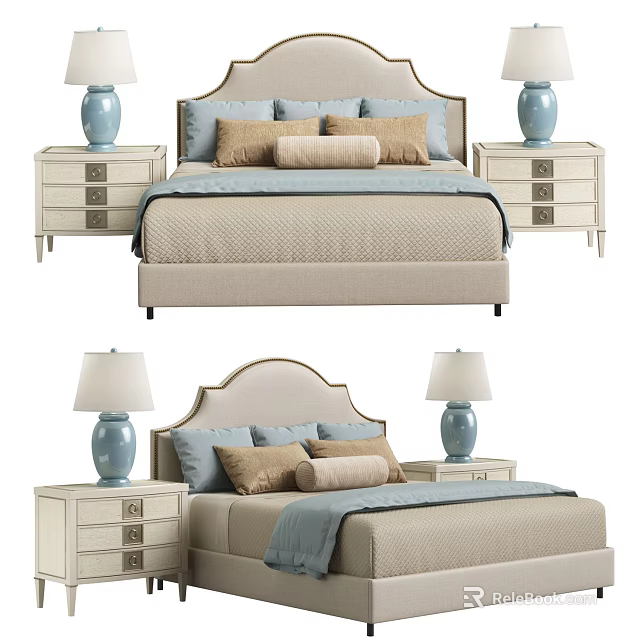 Modern Double Bed With Beige Bedding Decorative Pillows And Bedside Tables 3d model