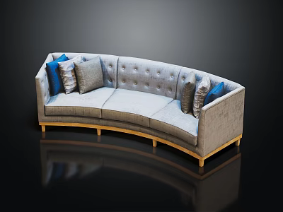 Curved Multi Seat Sofa with Light Gray Fabric and Blue Gray Cushions on Wooden Legs 3d model