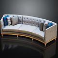 Curved Multi Seat Sofa with Light Gray Fabric and Blue Gray Cushions on Wooden Legs
