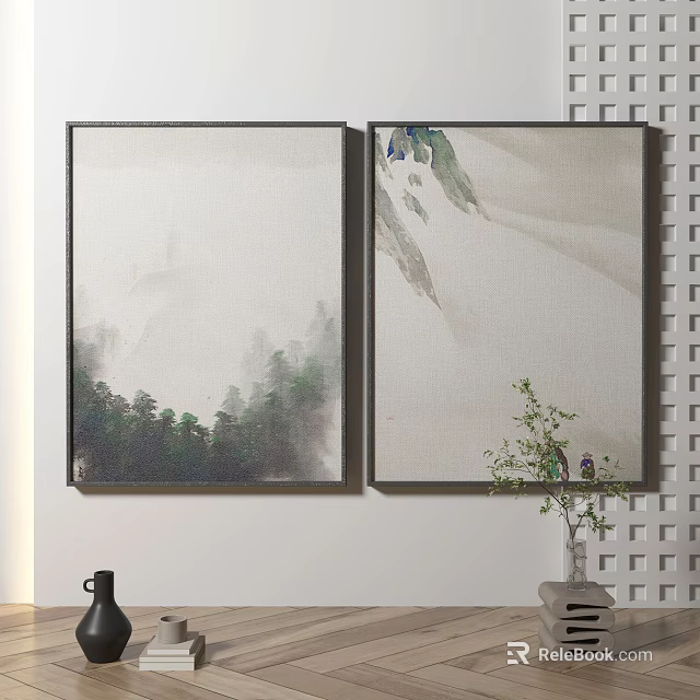 Abstract Landscape Wall Art Two Panel Painting With Mountain Tree And Mist 3d model