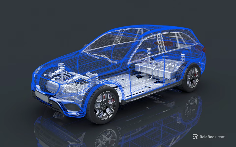 Blue Car 3D Model Perspective View Showing Interior Structure And Components 3d model 