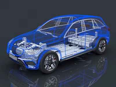 Blue Car 3D Model Perspective View Showing Interior Structure And Components 3d model