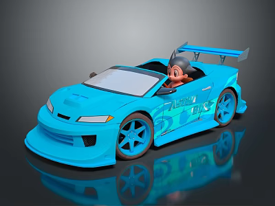 Blue Sporty Convertible Racing Car With Cartoon Character Driver And Rear Spoiler 3d model