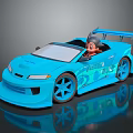 Blue Sporty Convertible Racing Car With Cartoon Character Driver And Rear Spoiler