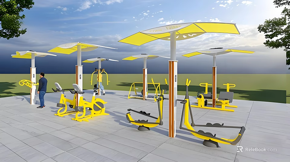 Outdoor Fitness Space With Yellow Exercise Equipment And Canopies For People Working Out 3d model 