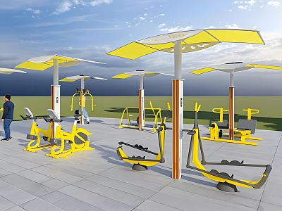 Outdoor Fitness Space With Yellow Exercise Equipment And Canopies For People Working Out 3d model