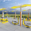 Outdoor Fitness Space With Yellow Exercise Equipment And Canopies For People Working Out