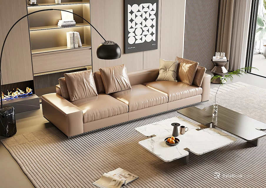 Modern Living Room Interior With Beige Leather Sectional Sofa And Coffee Table Rug 3d model 