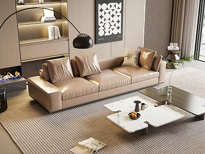 Modern Living Room Interior With Beige Leather Sectional Sofa And Coffee Table Rug 3d model