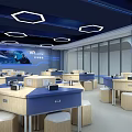 Modern School Classroom Interior With Blue Desks Screens And Hexagonal Lights 3d model