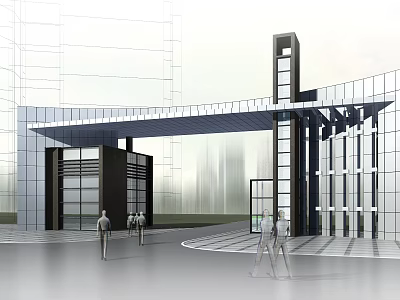 Modern Entrance Gate With Glass Curtain Wall Metal Structure People Walking And Tall Buildings Background 3d model