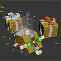 Yellow Decorative Gift Boxes With White Ribbons Open Box And Gold Confetti
