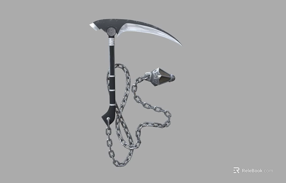 Black Handle Scythe Weapon With Curved Silver Blade Attached Chain And Spiked Weight 3d model 
