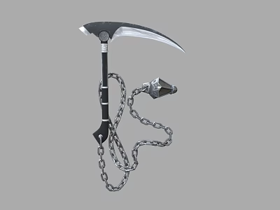 Black Handle Scythe Weapon With Curved Silver Blade Attached Chain And Spiked Weight 3d model