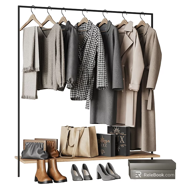 Stylish Clothing On Metal Clothes Rack With Handbags And Neutral Tones 3d model 