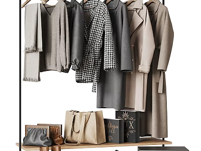 Stylish Clothing On Metal Clothes Rack With Handbags And Neutral Tones 3d model