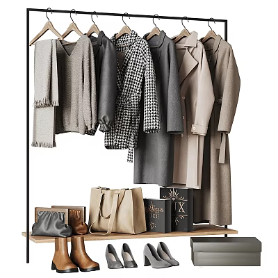 Stylish Clothing On Metal Clothes Rack With Handbags And Neutral Tones 3d model