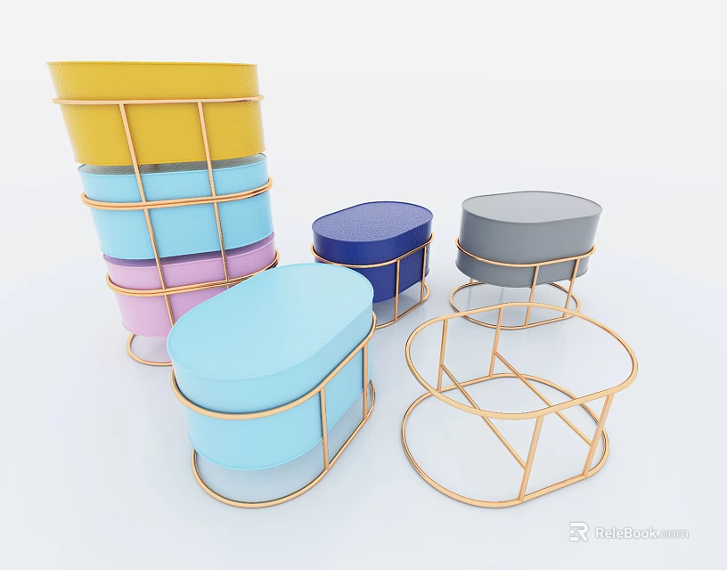 Colorful Round and Oval Stacked Stools with Golden Metal Frame for Modern Decor 3d model 