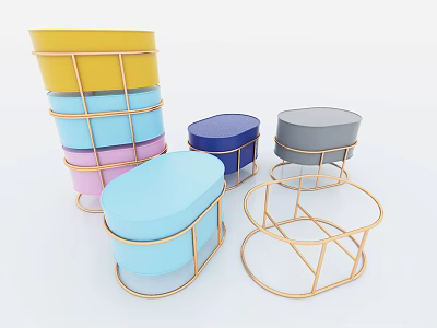 Colorful Round and Oval Stacked Stools with Golden Metal Frame for Modern Decor 3d model