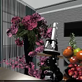 Interior Tabletop With Pink Peonies Microscope Fruits TV And White Brick Wall